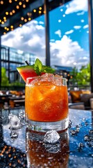 Vibrant Watermelon Mint Cocktail with Ice in a Modern Bar Setting