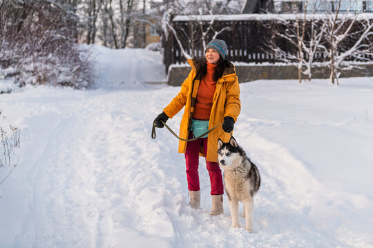 Asian woman walks in the snow with her husky dog in winter.