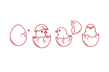 Chicken hatching linear doodle style. Easter cute chick hatched, cracked shell egg. Newborn bird from egg step-by-step process. Vector hand drawn domestic hens baby in nest. Farm birds