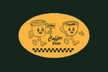 Vintage coffee character. Retro coffee shop poster doodle style. walking drink mascot with text. Cafe menu with coffee cup, espresso mug, cappuccino, latte. Groovy comic vector design illustration