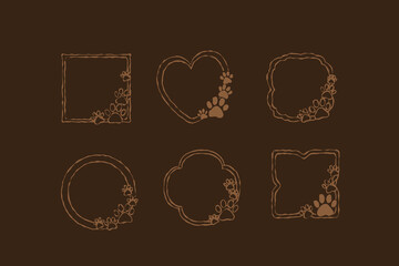 Pet frame doodle set. Cat, dog paw frames. Vector hand drawn animal footprint border. circle, heart, square, round shapes with walking paws. Empty bubble for animal lovers design template