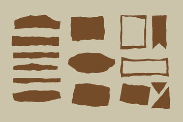 Ripped paper sheet set. brown torn paper pieces. Collage blank, sharped torned notebook effect. Strip texture edge. Decorative note rough, jagged rips tape for text, vector template