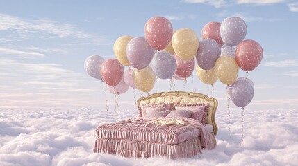 Floating bed in pastel dreamscape, subconscious mind concept, surreal illustration, copy space