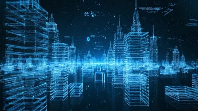 Neon wireframe city skyline on a dark, starry background