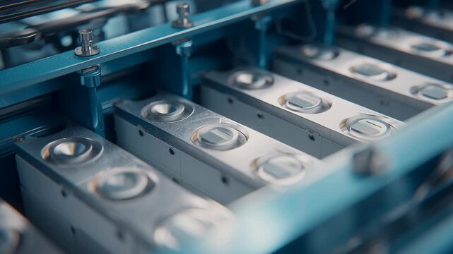 Close-up of electric vehicle battery cells production, orderly arrangement, sterile factory environment, smooth metallic textures, calm color palette, modern clean aesthetic, ev battery manufacturing