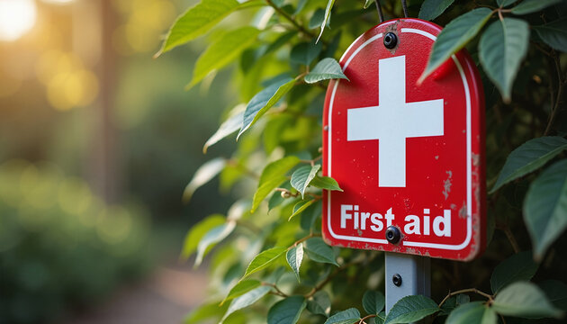 Red first aid sign surrounded by greenery in bright sunlight  
