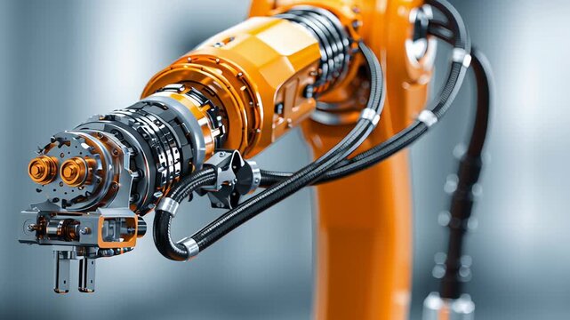 A robot arm with a metal part on it. The robot arm is orange. Close-up robotic arm installing electric motor unit, clean engineering aesthetic, minimal background, electric car robotic arm