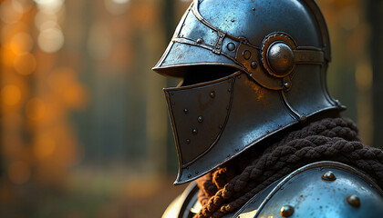 Naklejka premium Armored knight wearing helmet in autumn forest setting 