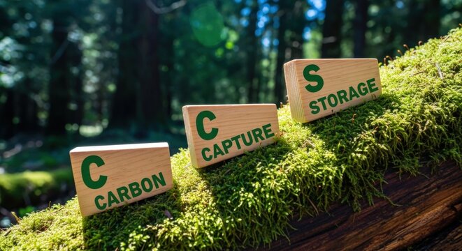 Carbon Capture and Storage Concept: Wooden Blocks Displaying CCS Process on Mossy Surface in Forest