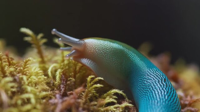 A vibrant sea slug with iridescent blue and green hues crawling on coral reef in dark water