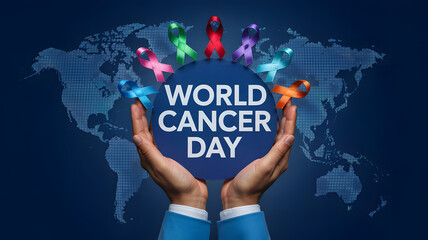 Hands holding World Cancer Day emblem with bright multicolored awareness ribbons Blue digital world map background symbolizes global support and unity