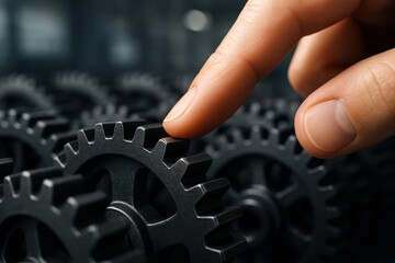 Precision Mechanism Touch: A close-up showcases a hand gently touching a series of meticulously crafted gears, illustrating the intricate workings of a complex mechanism.