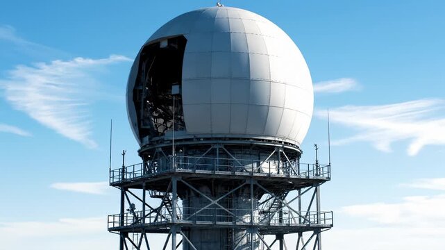 Close Up Rotating Doppler Radar Dome Against Blue Sky