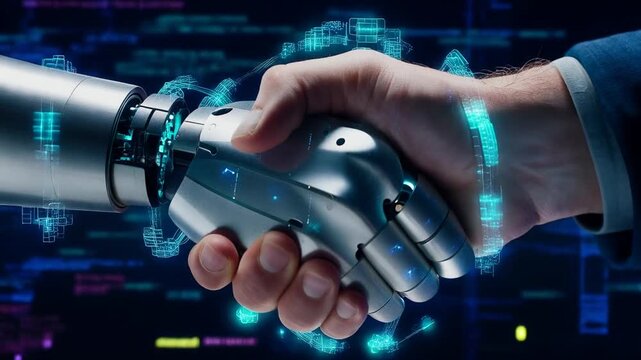 Human and robot handshaking in a futuristic digital background