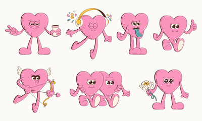 Groovy Valentine Heart Characters Set in Pink Retro Style. Cute Love Emotions Vector Illustration.