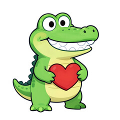 Fototapeta premium Cute Cartoon Alligator Holding a Red Heart