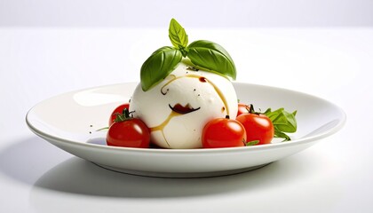 Burrata Cheese with Cherry Tomatoes and Basil on White Plate Against Bright Background