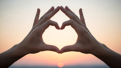 A pair of hands forming a heart shape at sunset