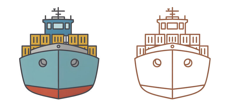Minimalist Cartoon Cargo Ships Comparison &ndash; Colored vs Line Art Front View Illustration