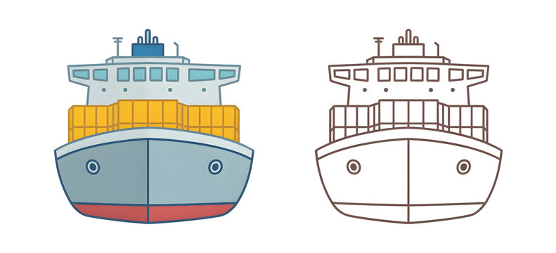 Minimalist Cartoon Cargo Ships Comparison &ndash; Colored vs Line Art Front View Illustration