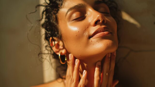A woman with dark hair and a smiling face. She is resting her hand on her face. Indian woman enjoying natural skincare moment, relaxed expression, warm daylight, organic beauty mood, uncluttered frame
