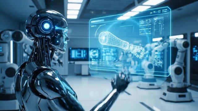 Futuristic Humanoid Robot Analyzing a High-Tech Robotic Arm Hologram within a Sophisticated Laboratory or Automated Manufacturing Plant