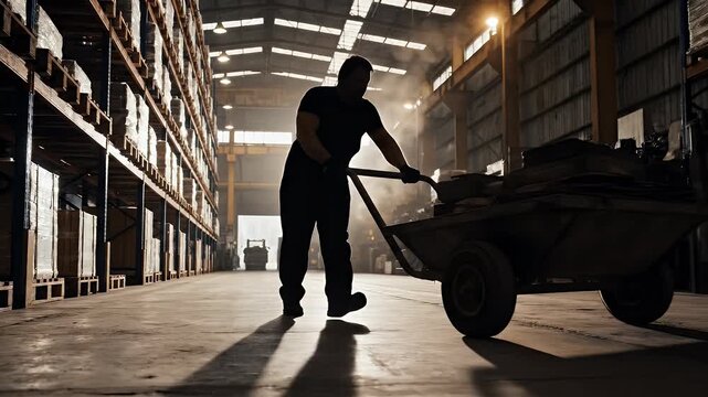 Silhouette of a worker pushing a loaded hand truck through a warehouse aisle.