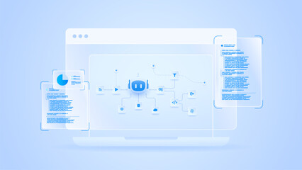 AI workflow automation artificial intelligence. ai agent network diagram dashboard machine learning processing flow, coding, analytic and automation system.