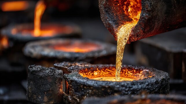 Close Up Dynamic Composition Liquid Metal Pouring into Mold Casting Process