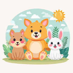 Cute Vector Illustration of Friendly Animals in Flat Cartoon Style, Soft Rounded Shapes for Kids Education and Children Design