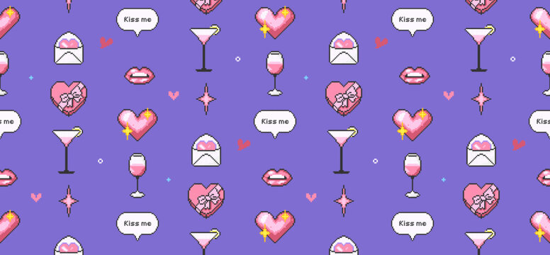 Romantic seamless pixel pattern with hearts, kisses, cocktails and love messages. Retro 8-bit illustration on purple background, for Valentines Day designs, textiles, stationery and digital use.