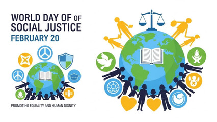 World day of social justice illustration with globe people scales book and equality symbols on white background promoting human rights and dignity