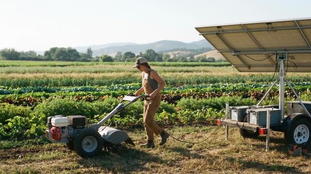 Diligent farmer operates tiller in rural field, embracing renewable electrification. Sustainable energy powers progress for agricultural tools