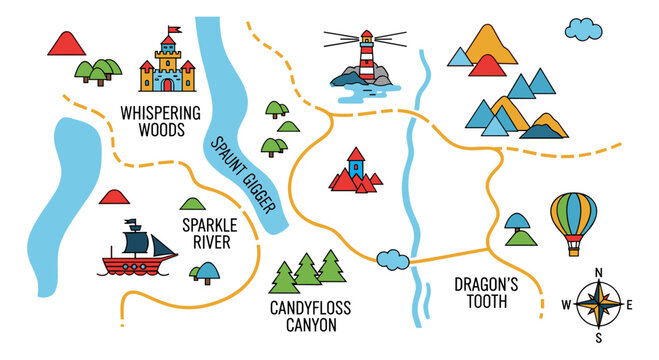 Colorful Fantasy Map with Cartoon Landmarks.