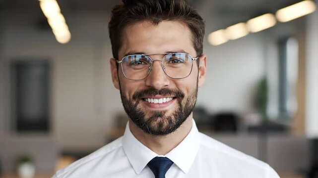 Smiling man with beard and glasses in office attire