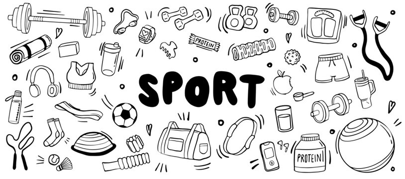 sport fitness doodle illustration &ndash; workout training equipment vector set
