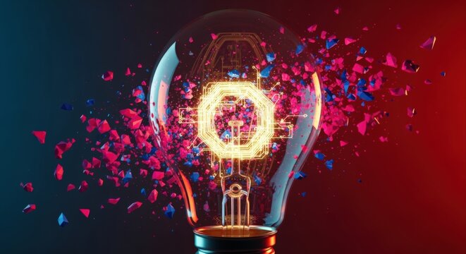 Abstract Lightbulb with Circuitry Shattering, Representing Innovation, Technology Breakthroughs, and Cutting-Edge Conceptual Ideas