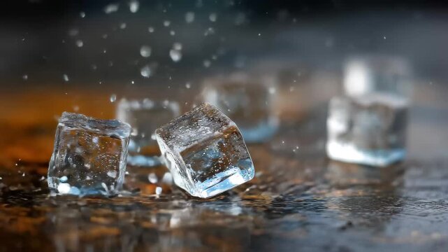 Water splashes over ice cubes on a wet surface in a kitchen setting during the afternoon with light coming from above