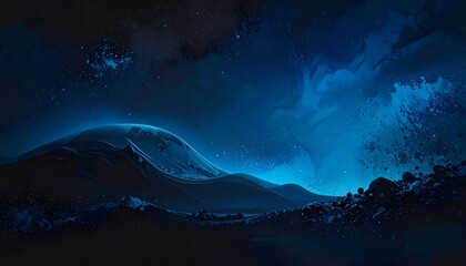 A dark, digital landscape featuring a mountain range under a starry sky
