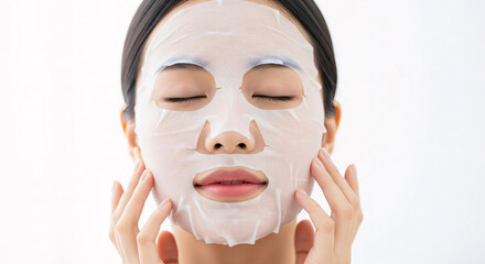Close-up of an Asian woman wearing a sheet mask and touching her face gently, embodying a peaceful skincare and beauty ritual.