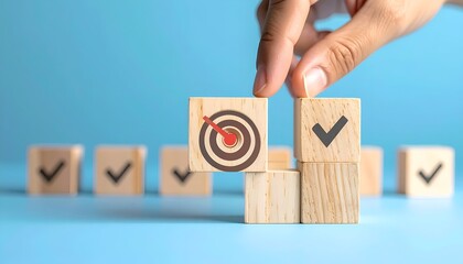 A hand places a target block, succeeding other checkmarked cubes