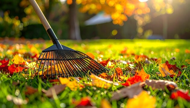 Close-up of rake sweeping leaves on a green lawn in autumn sunlight