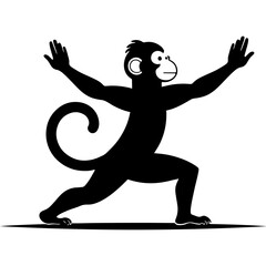 Monkey is doing physical exercises. Engraving minimalistic vector in black ink drawing on transparent background