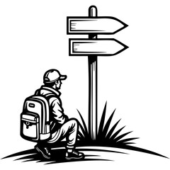 Sketchy emblem of tired tourist resting at the direction sign. Engraving minimalistic vector in black ink drawing on transparent background