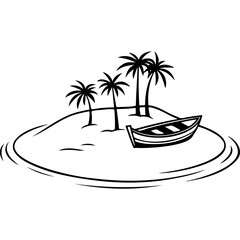 Sketchy emblem of a wooden boat stands on the shore of an uninhabited island. Engraving minimalistic vector in black ink drawing on transparent background