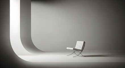 Minimalist interior with a single iconic white leather Barcelona chair illuminated by a bright light source.