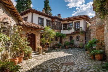 Fototapeta premium Cobblestone courtyard with old buildings, plants, and blue sky