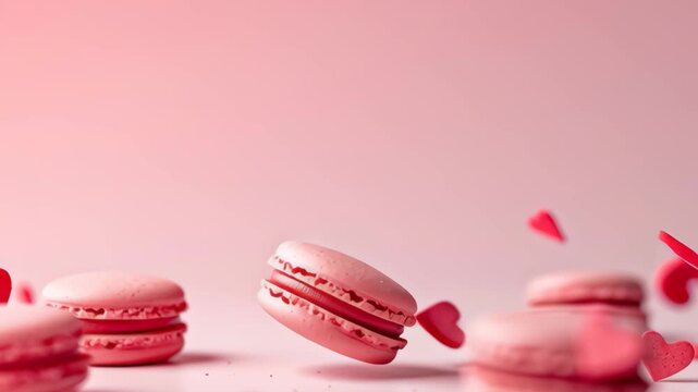 Delicious french macaroons with small heart decorations on a pastel background for valentine celebration
