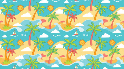 Obraz premium Tropical Beach Pattern with Palm Trees and Sun