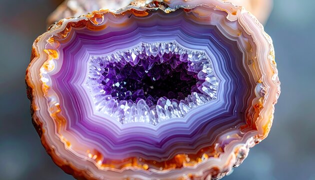 Amethyst Geode Slice Close Up Macro Shot Showing Purple Crystals and Concentric Bands of Brown and White with Soft Lighting